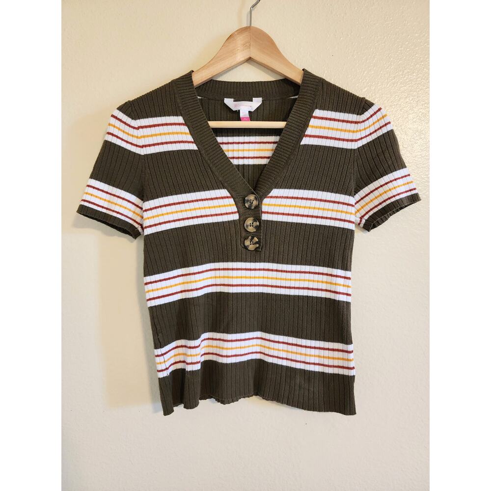 NO BOUNDARIES Dark Green w/ Yellow Red Stripes V-neck Crop Top Sweater Size M